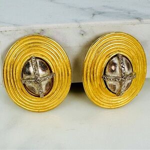 Vintage C. Stein Clip On Earrings Large Matte Gold-Tone Antiqued Silver Oval